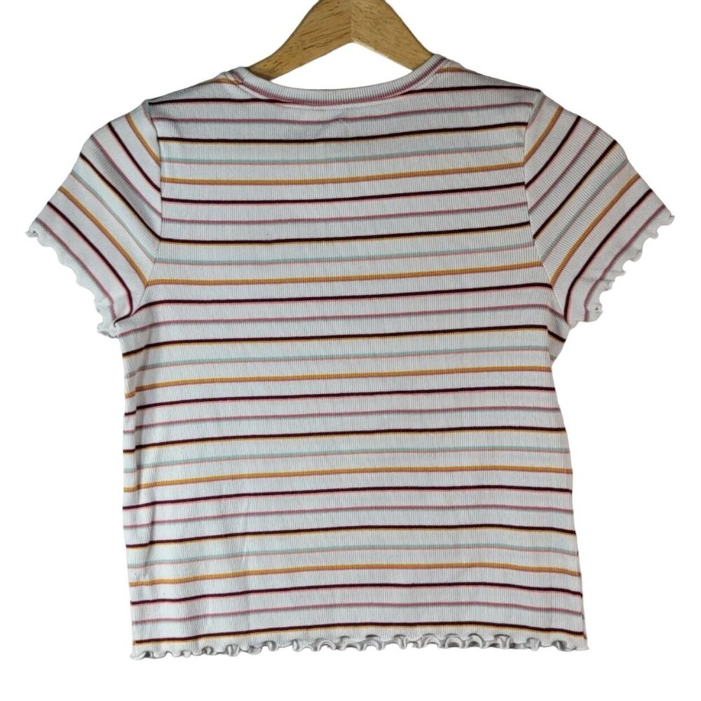 SO Girls Striped Top Multi Size 14 XL Round Neck Curly Lettuce Hem Trim Pullover - Picture 5 of 6